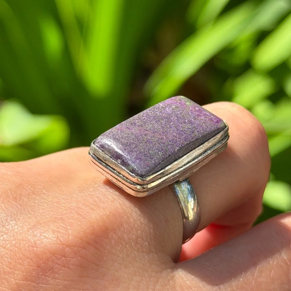 Size 7.5 925 silver plated rectangular purpurite‎ ring 0480